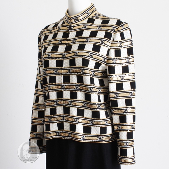 St John Evening Jacket Embellished Knit Gold Black White Zip Front Vintage Sz 10 - Picture 7 of 11